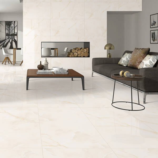 Glossy tiles , leaving room glossy tiles , light colored , light colure floor tiles , light colored leaving room tile